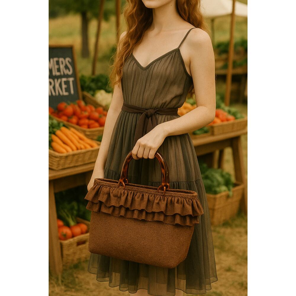 Vintage Beryl's Belts‎ Brown Ruffled To Market Handbag Cottage Core Grandma Vibe